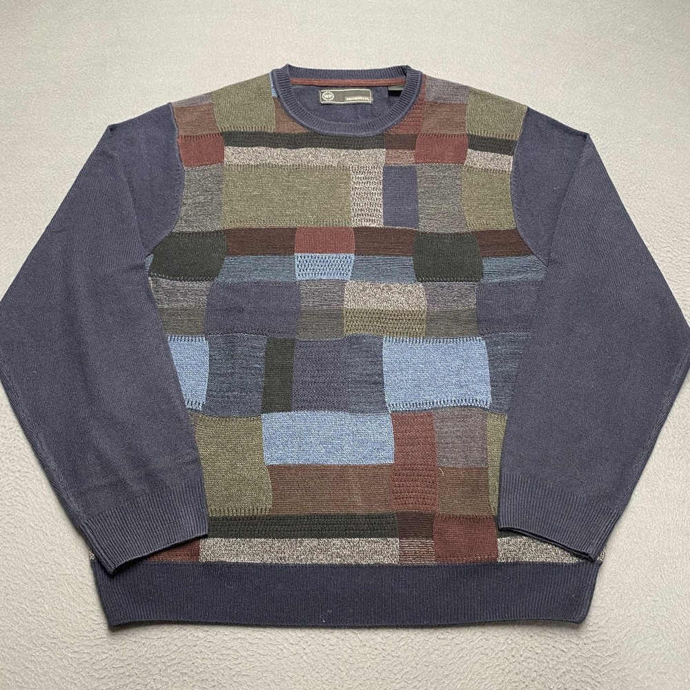 Weatherproof Sweater Mens Large‎ Blue Multi Patchwork Colorblock Crewneck Knit